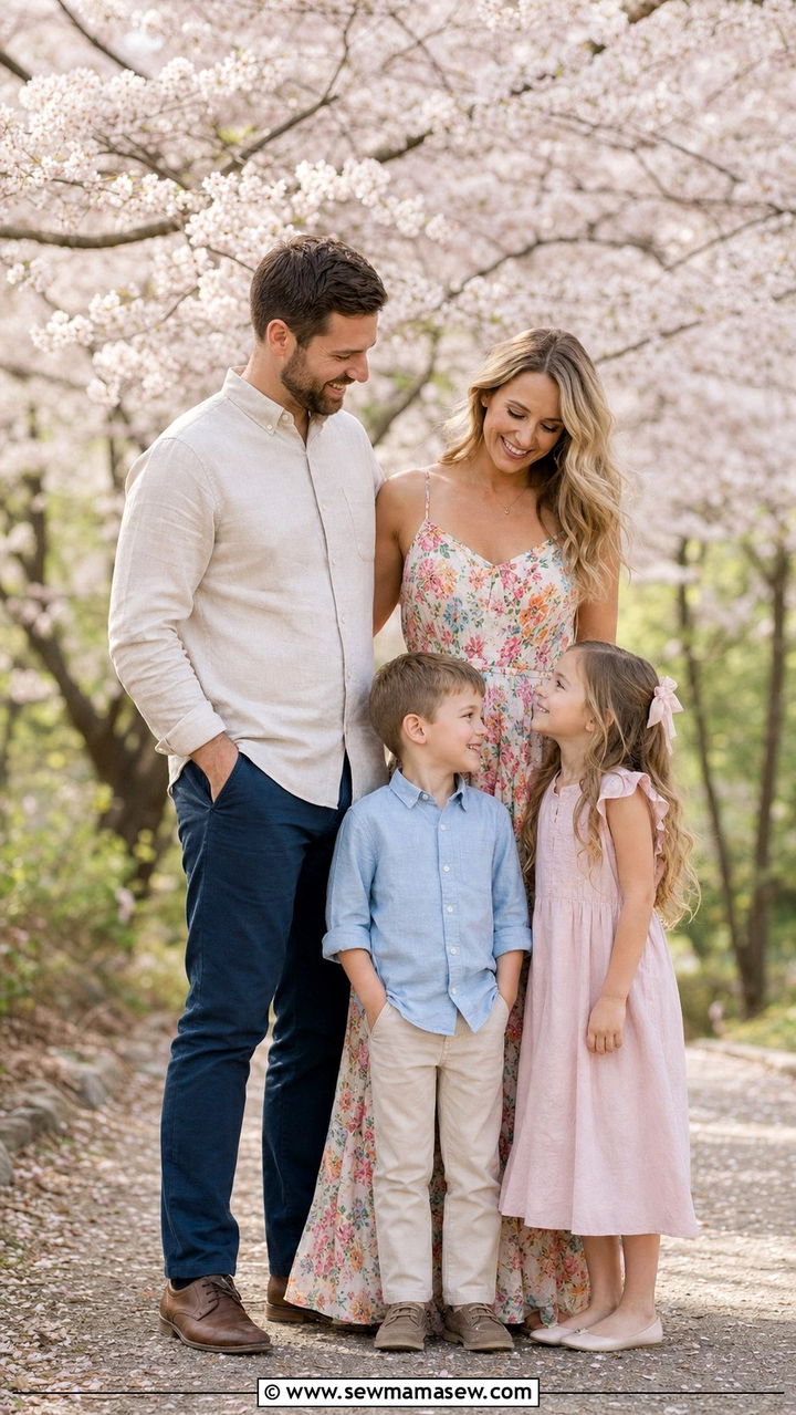 Bright Floral Sundress Family Photo Outfits Among Blooming Trees - 25 Family photo outfit ideas summer 2026