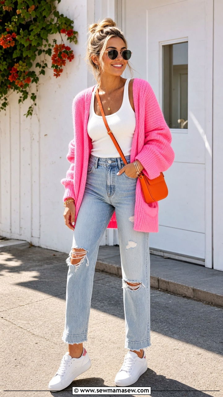 Bright Knit Cardigan with Ripped Denim and Colorful Bag - 25 cute trendy outfits