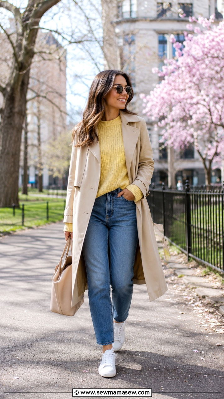 Bright Knit Sweater With Straight Jeans and Trench Coat - 30 Early spring outfits