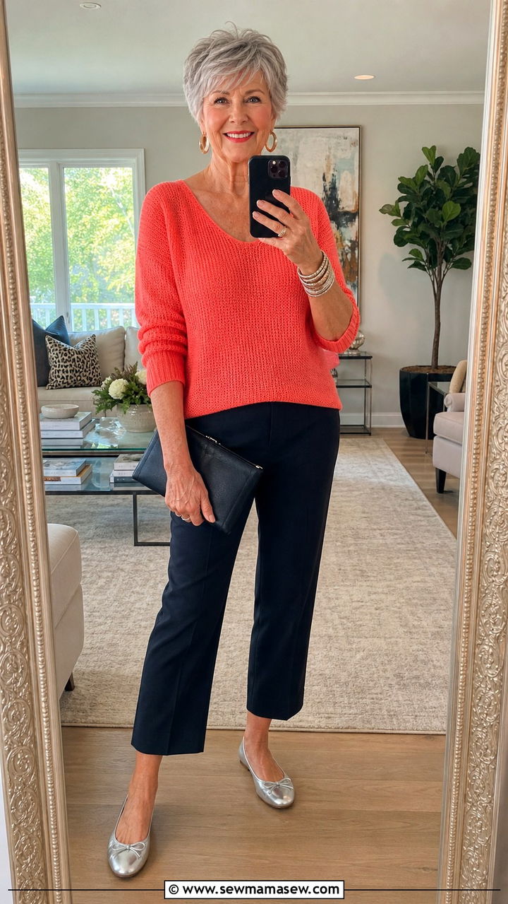 Bright Knit Top with Dark Cropped Trousers and Metallic Flats - 20 70 year old woman outfit ideas