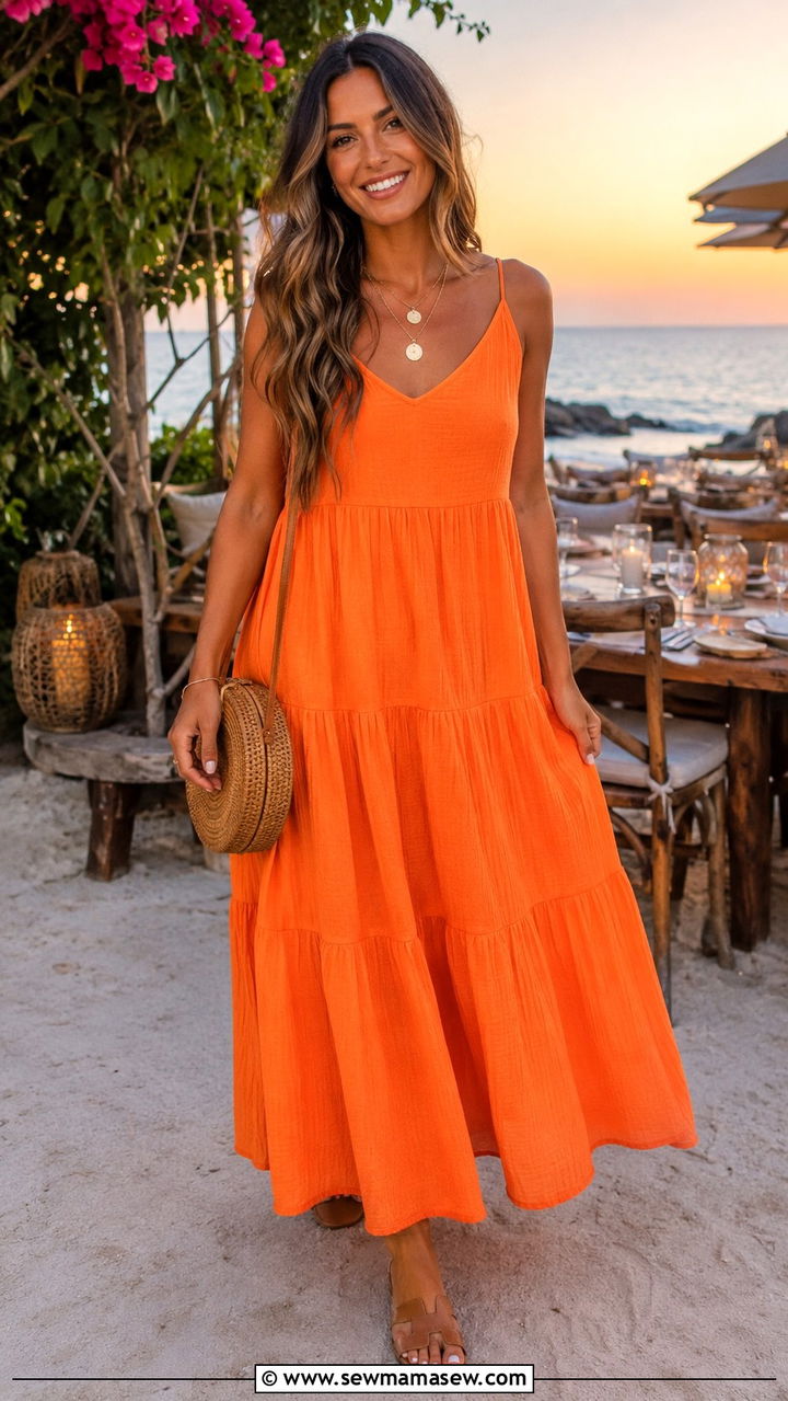 Bright Orange Cotton Gauze Tiered Maxi Dress Outfit - 30 Mid summer outfits