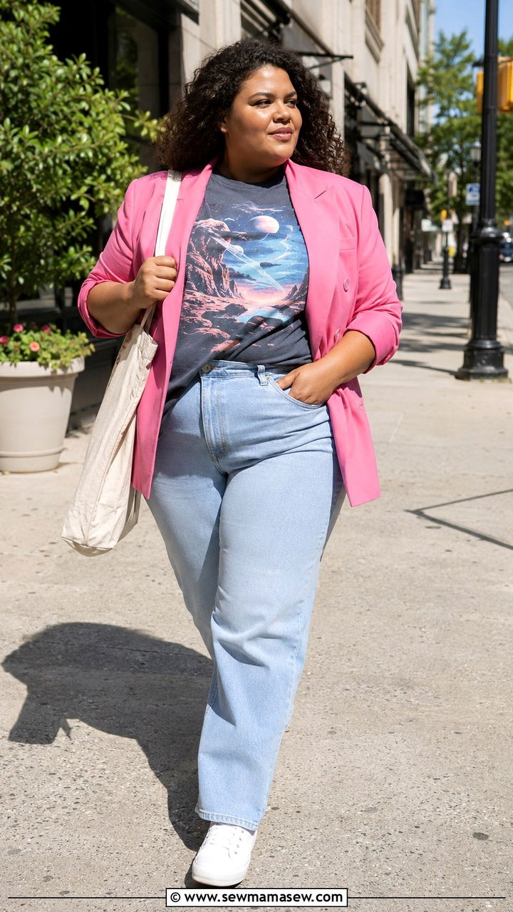Bright Pink Blazer With A Graphic Tee And Light Wash Jeans - 30 Plus size outfit ideas with blazer