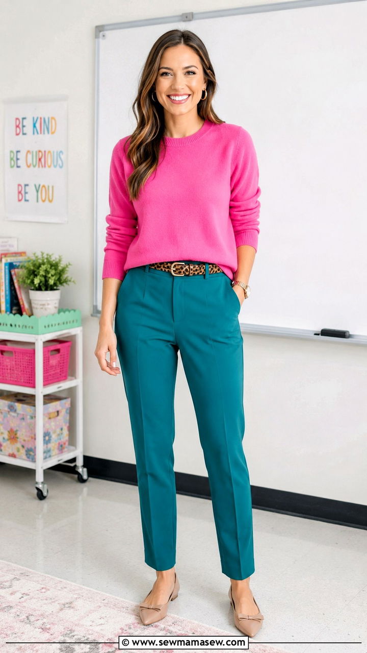 Bright Pink Sweater with Teal Trousers and Leopard Belt - 30 Spring outfit ideas for teacher
