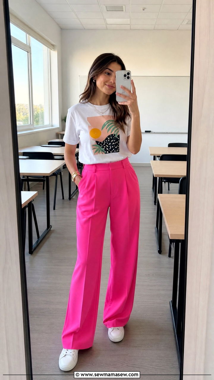 Bright Pink Trousers With Graphic White Tee Outfit - 30 summer outfits for teachers