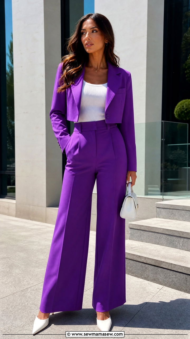 Bright Purple Cropped Jacket and Trouser Set - 30 Bold color outfit ideas