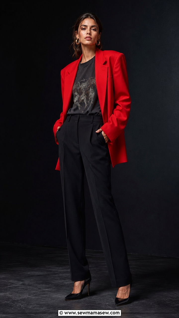 Bright Red Oversized Blazer With Black Band Tee and Black Trousers - 30 Oversized blazer outfit ideas with a t-shirt