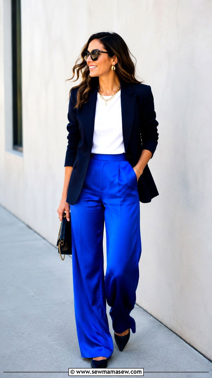 Bright Satin Wide Leg Pants With Simple White Tee And Blazer Outfit - 30 casual glamoratti outfits