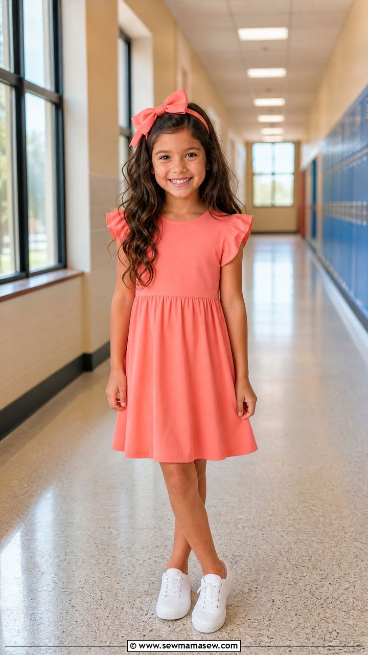Bright Solid Dress With Sneakers - 30 Elementary school picture day outfit ideas