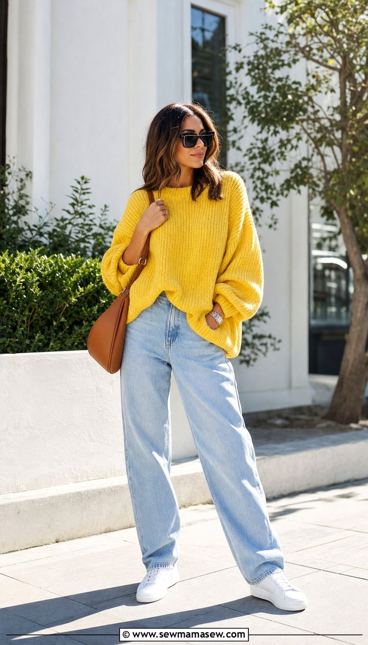 Bright Yellow Knit With Light Denim and Sneakers - 25 spring outfits 2026 women to copy