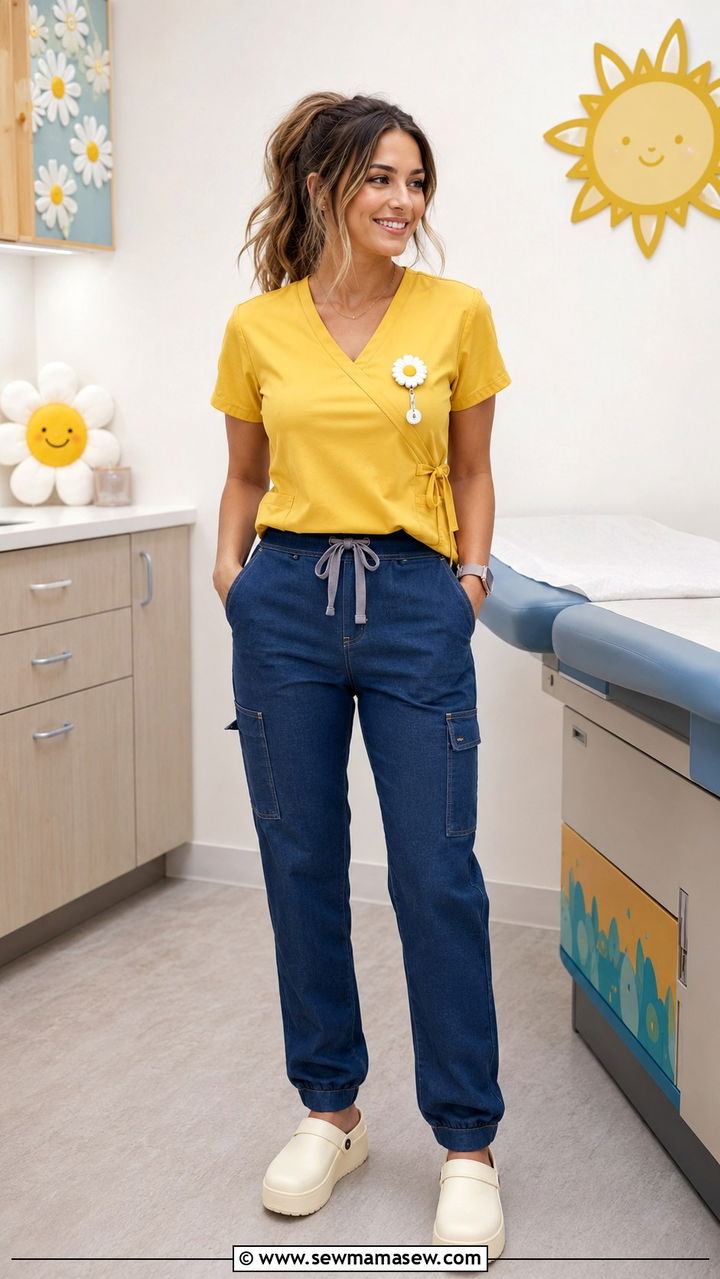 Bright Yellow Mock Wrap Scrub With Denim Scrub Pants And Platform Clogs - 25 Pediatric nurse outfit ideas