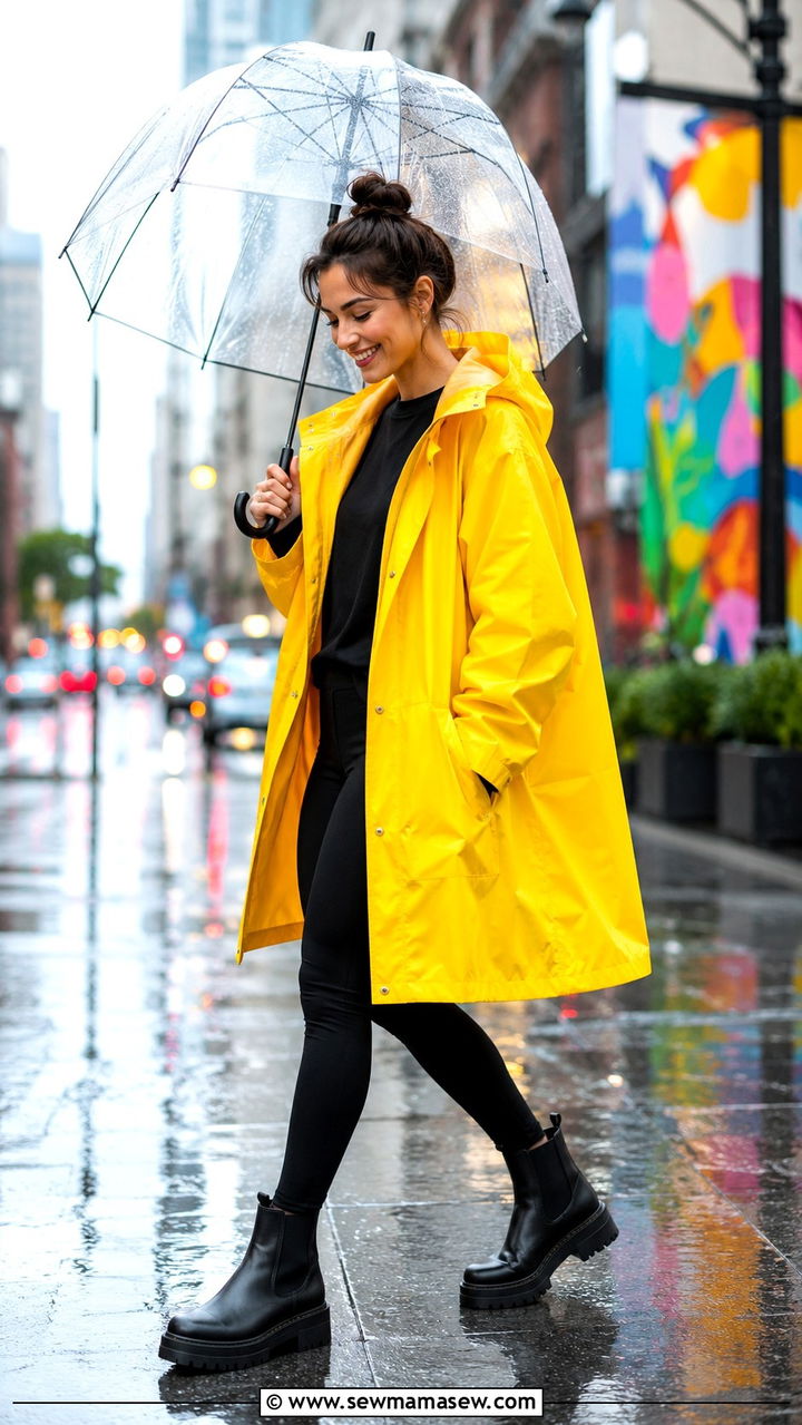 Bright Yellow Raincoat With Black Leggings And Chelsea Boots - 25 rainy day outfits Pinterest