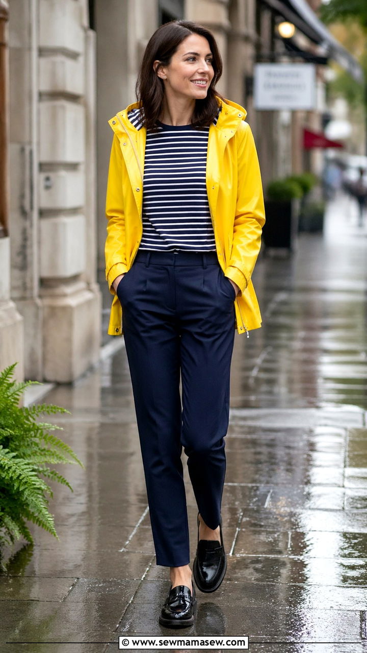Bright Yellow Raincoat with Navy Trousers and Loafers - 40 rainy day outfits
