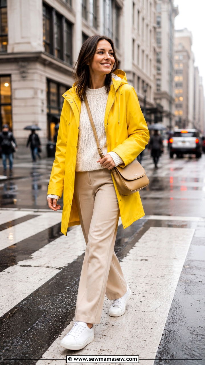 Bright Yellow Raincoat with Neutral Base Layers - 25 rainy day outfits inspo