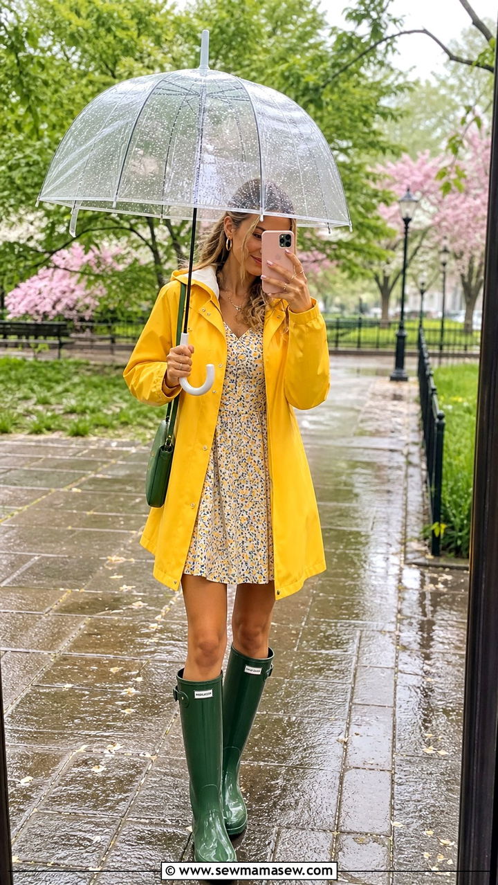 Bright Yellow Raincoat with Tall Green Rain Boots - 20 rainy day outfits 2026