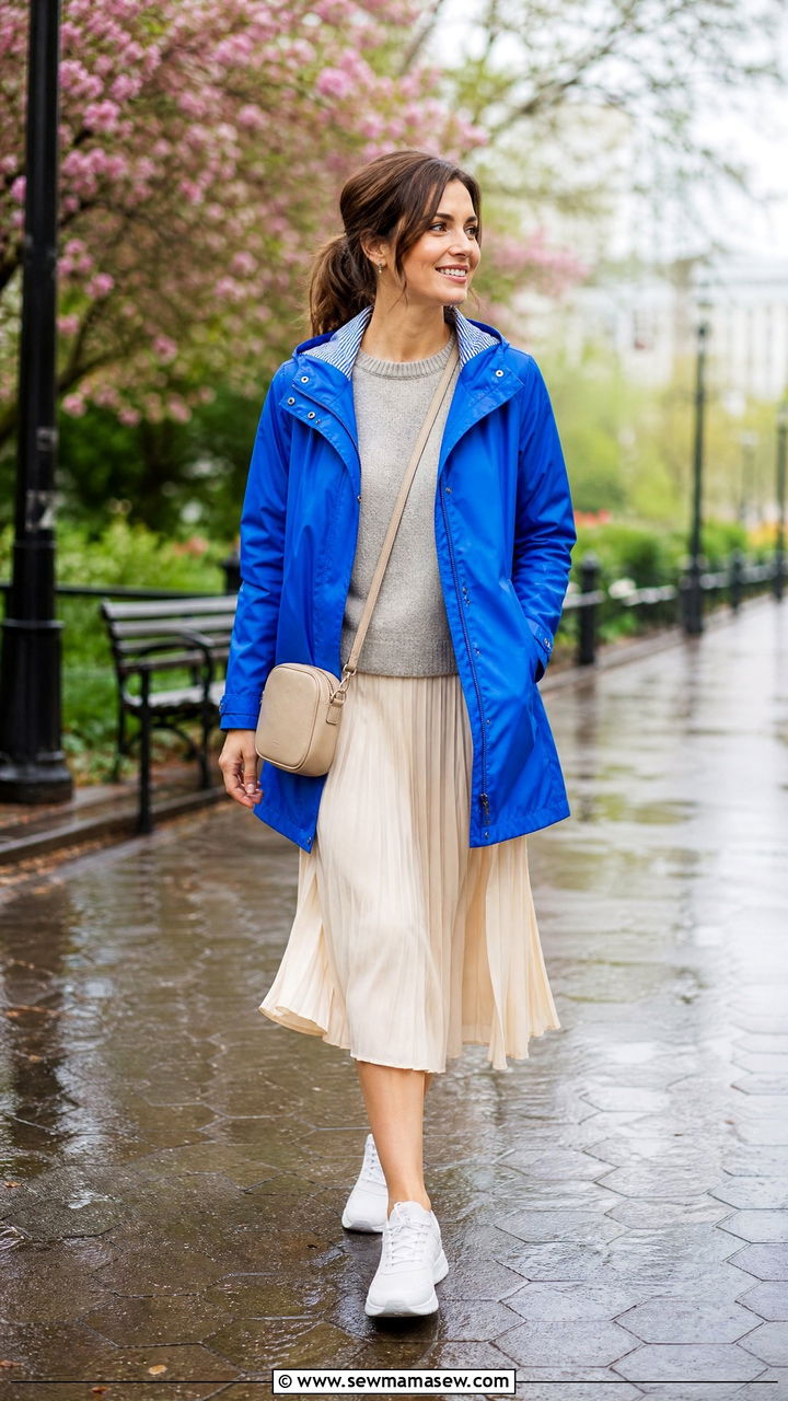 Bright anorak with pleated midi skirt and sneakers - 30 Cozy rainy day outfit ideas