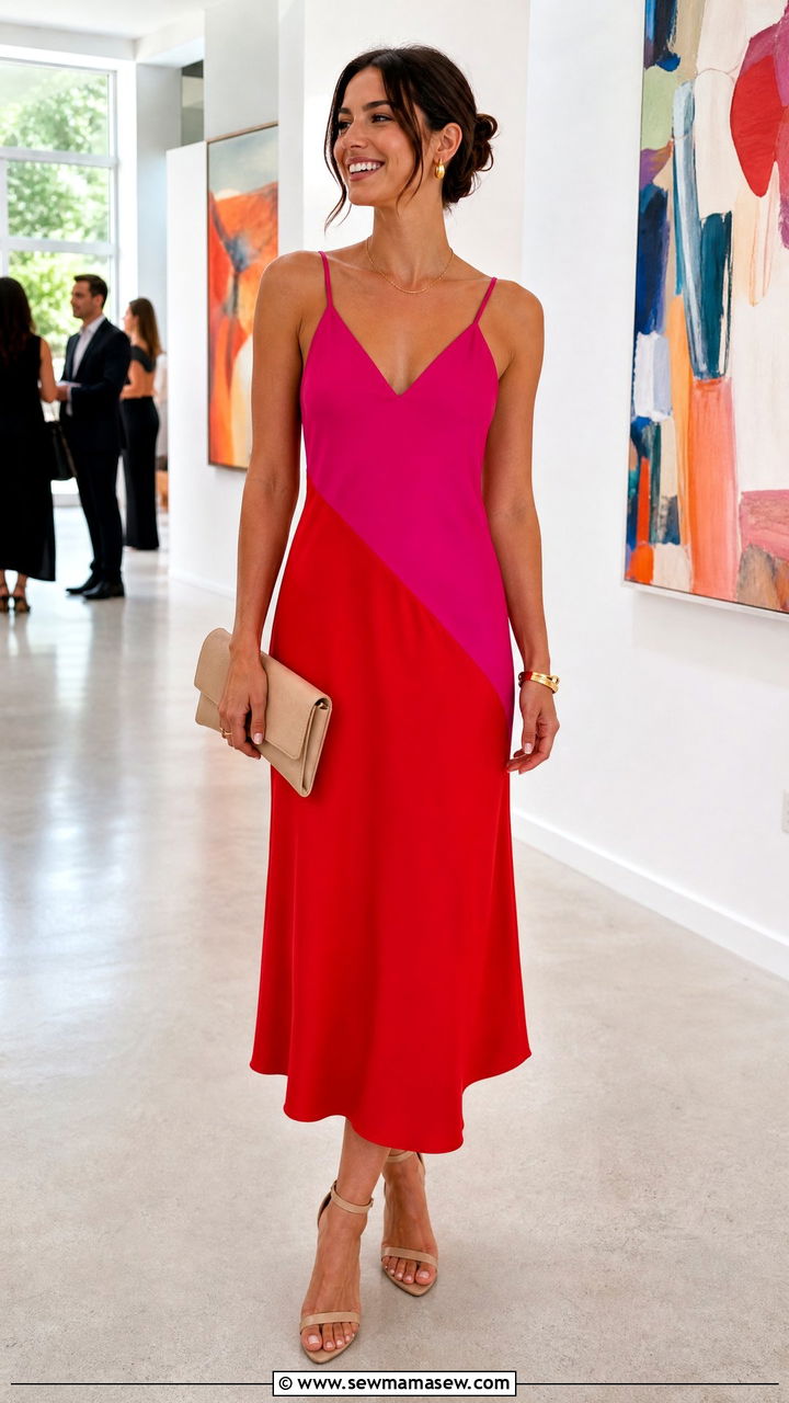 Bright color block dress with neutral accessories - 30 summer office party outfit ideas