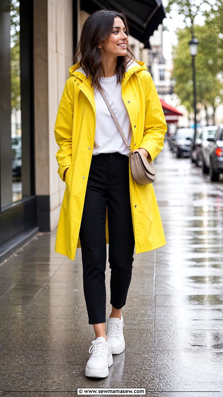 Bright colored raincoat outfit - 25 spring rainy day outfit ideas