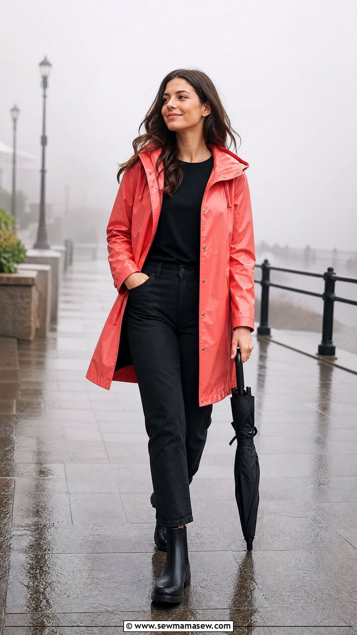 Bright raincoat with black jeans and Chelsea rain boots - 25 Foggy day outfit ideas