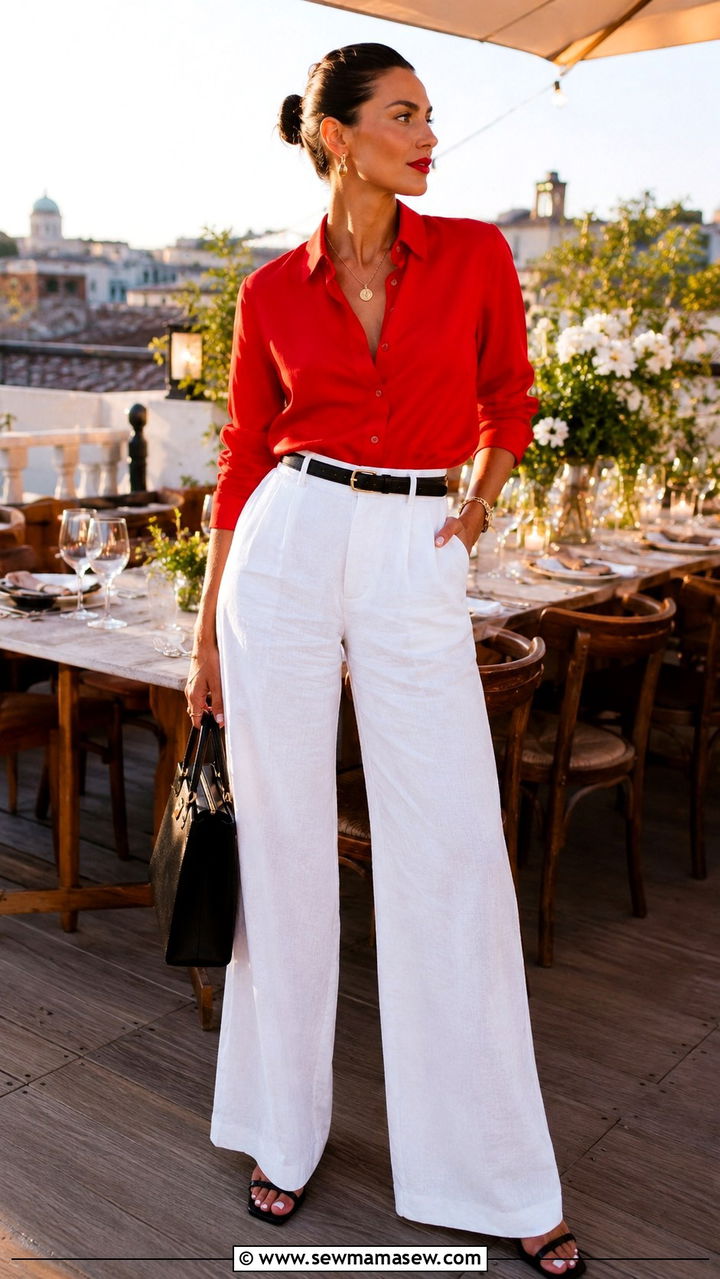 Bright red button down with white wide leg linen pants - 25 Wide leg linen pants outfit ideas with a button down