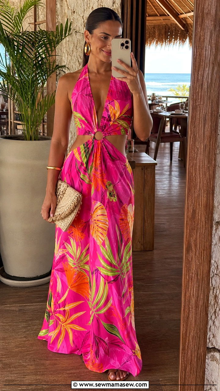 Bright tropical maxi dress with hoop earrings - 40 What to wear in Tulum