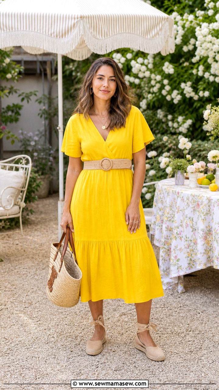 Bright yellow midi dress with a woven belt - 40 Cute summer outfits