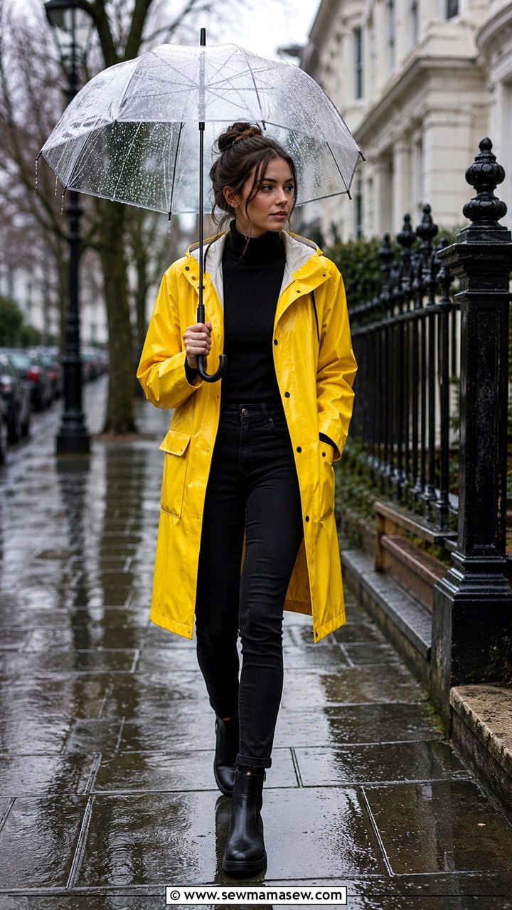 Bright yellow raincoat with black base layers - 30 Overcast day outfit ideas