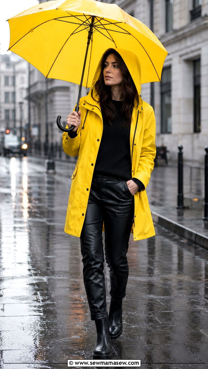 Bright yellow raincoat with black outfit - 20 Thunderstorm outfit ideas