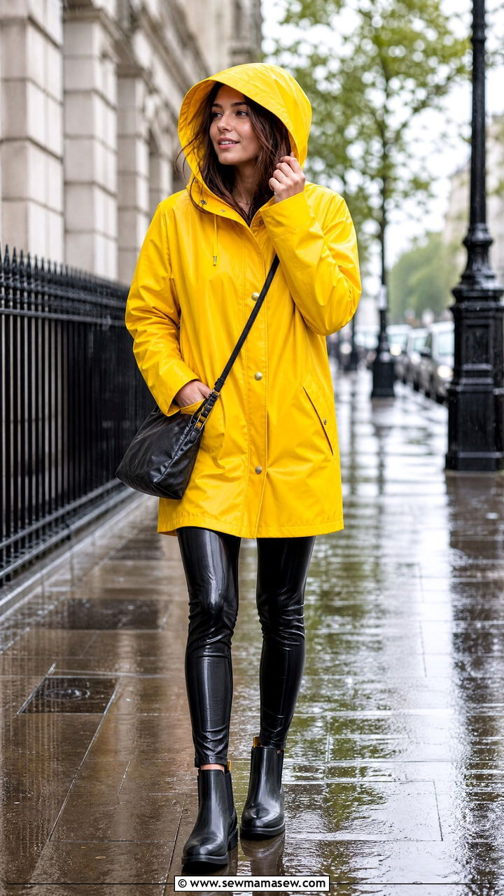 Brightly Colored Hooded Raincoat With Black Vinyl Leggings And Rubber Chelsea Boots - 35 Hooded coat outfit ideas