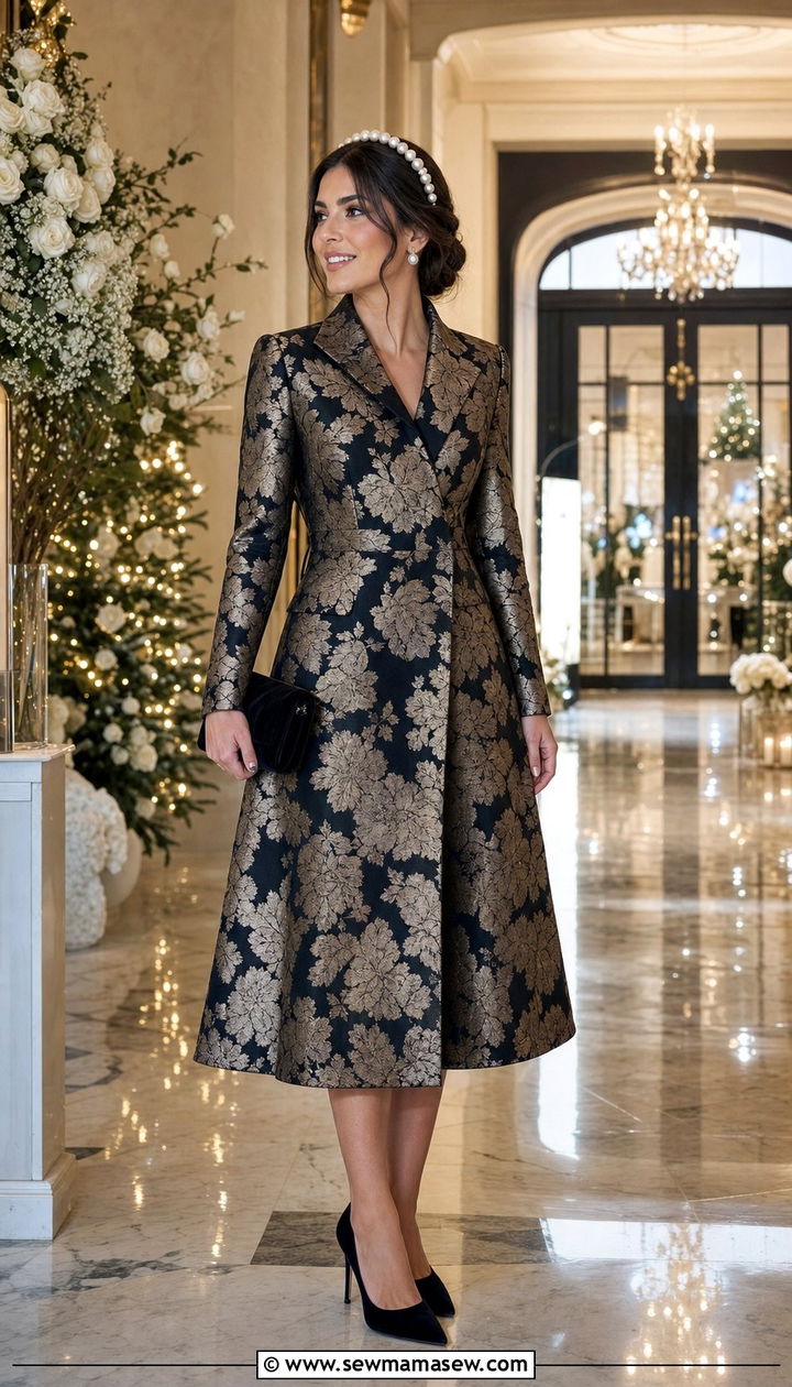 Brocade Coat Dress With Pearl Embellished Headband - 35 Black tie wedding guest outfits