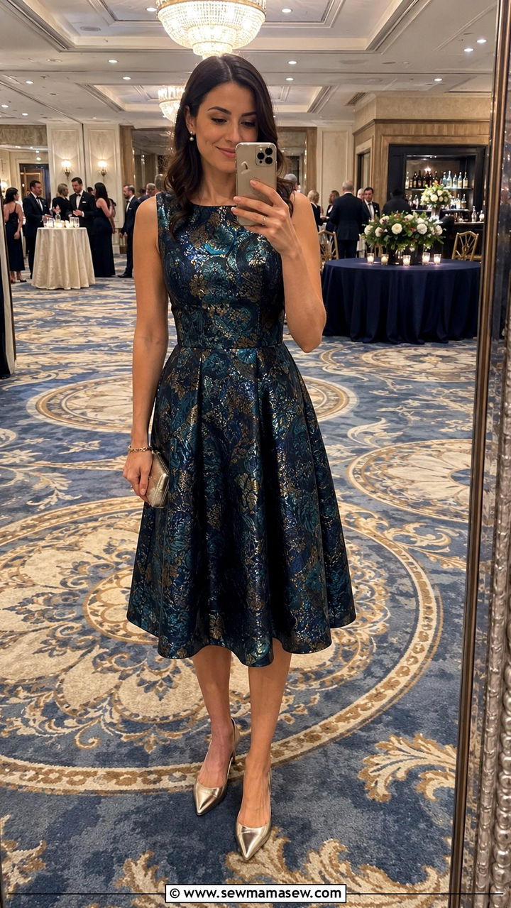 Brocade FitAndFlare Dress With Kitten Heels - 30 seasonal wedding guest outfit ideas