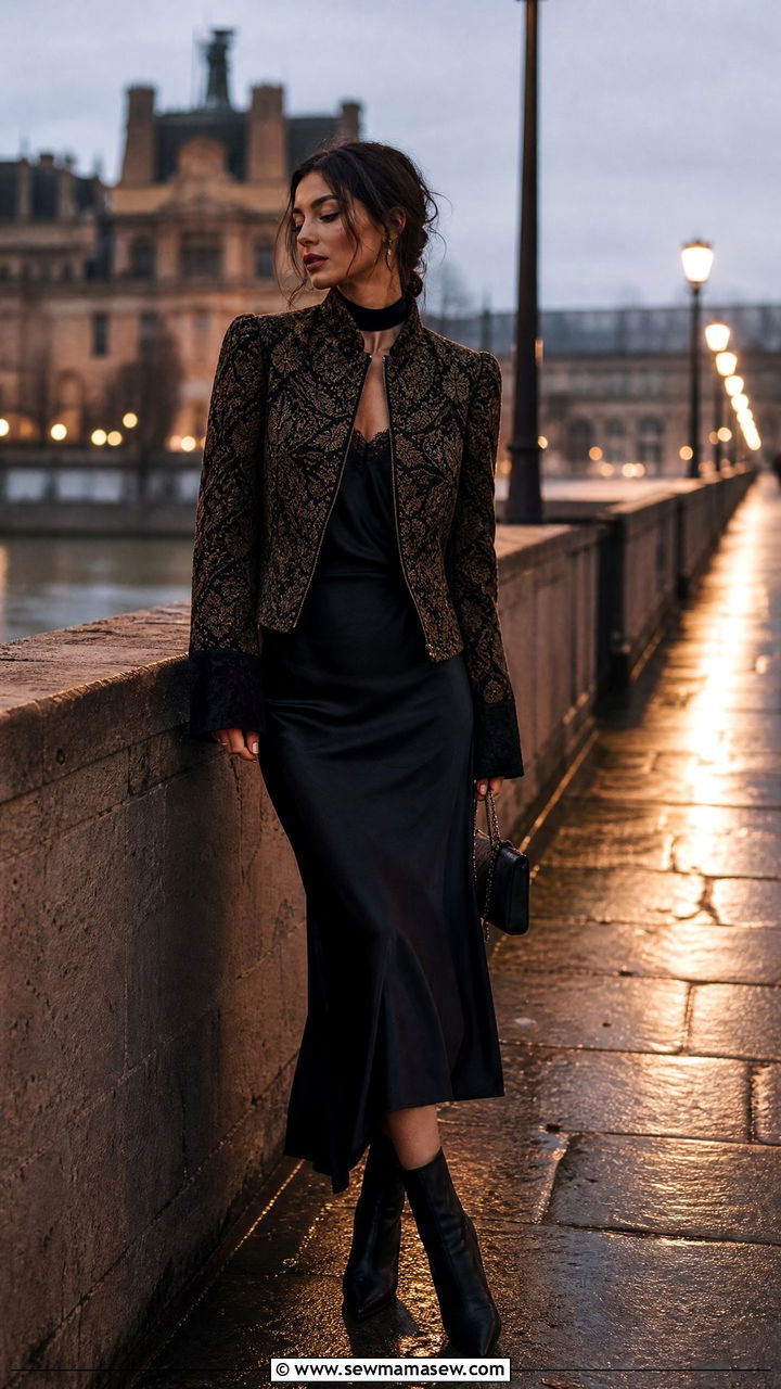 Brocade Jacket Over Satin Slip Skirt With Ankle Boots - 30 Dark romance outfit ideas