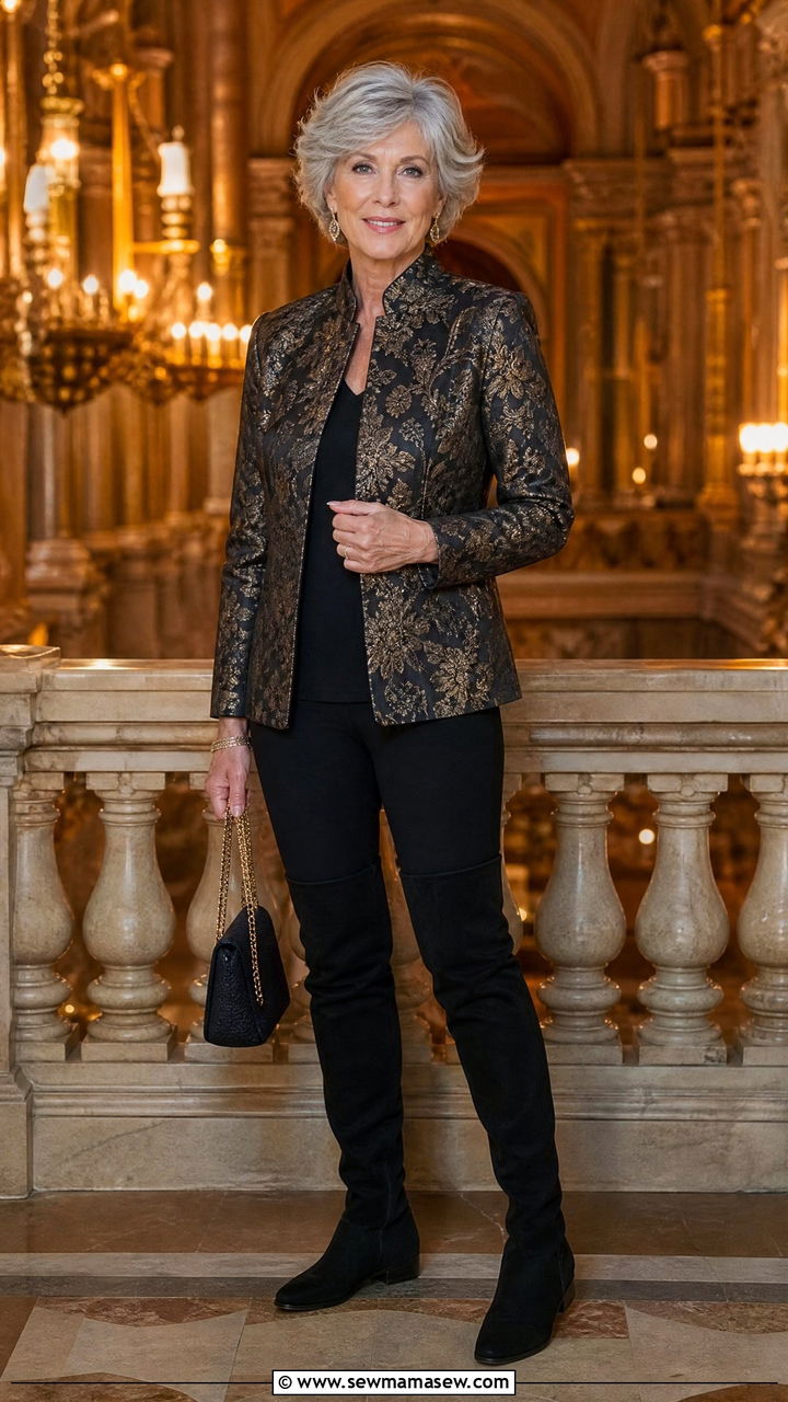 Brocade Jacket with Monochromatic Base and Flat Over Knee Boots - 30 Concert outfits for women over 60