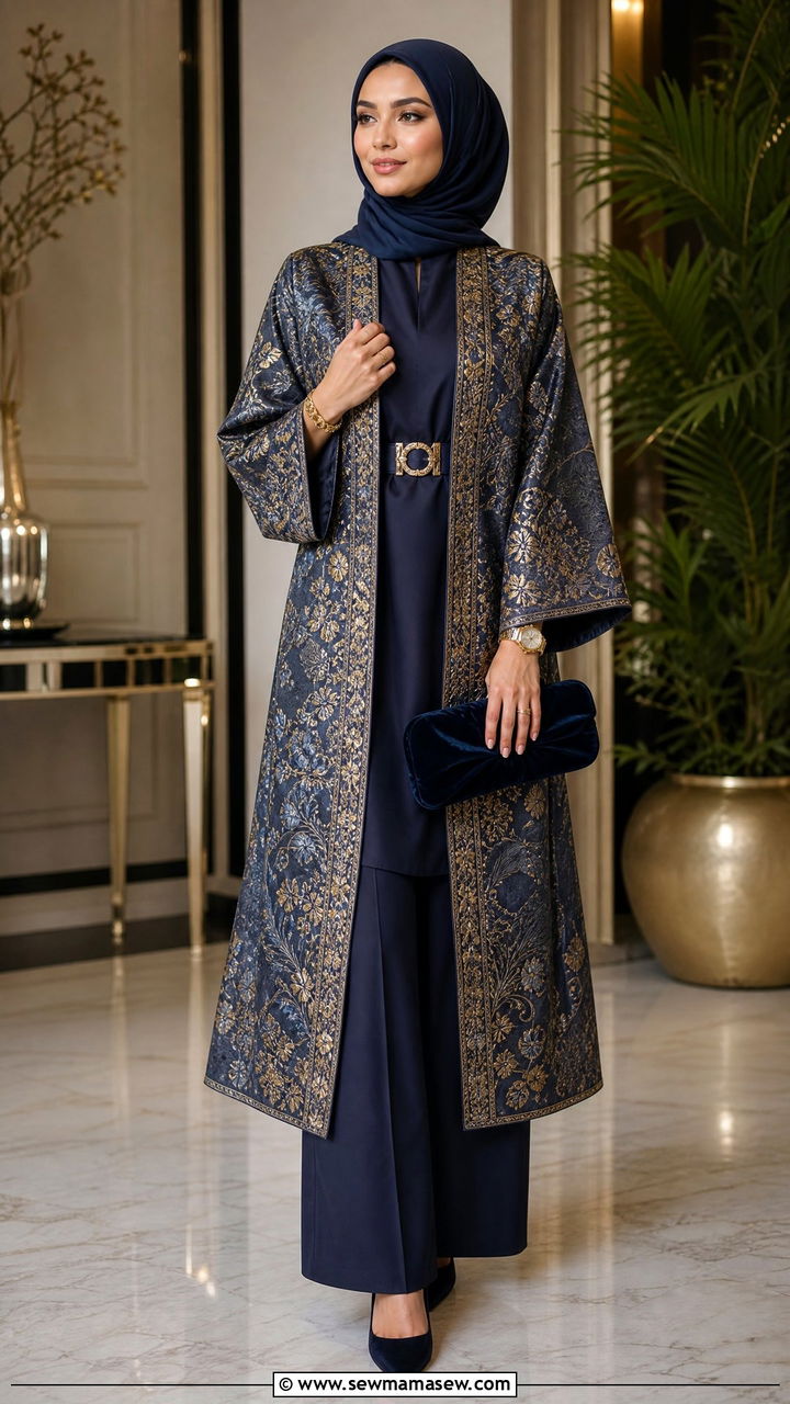 Brocade Kimono Set With Palazzo Pants - 30 Eid outfit ideas for hijabis