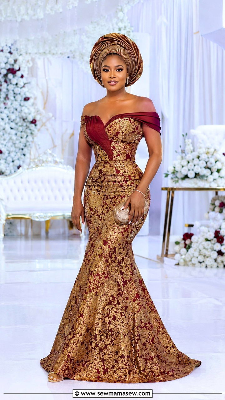Brocade Mermaid Gown With Infinity Pleated Gele - 25 Wedding guest outfit ideas Nigerian wedding