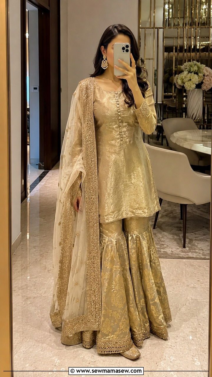 Brocade Sharara With Net Dupatta - 20 Wedding guest outfit ideas Barat ceremony