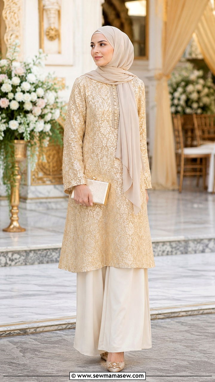 Brocade Tunic And Palazzo Pants With Hijab - 30 Modest wedding guest outfit ideas with hijab
