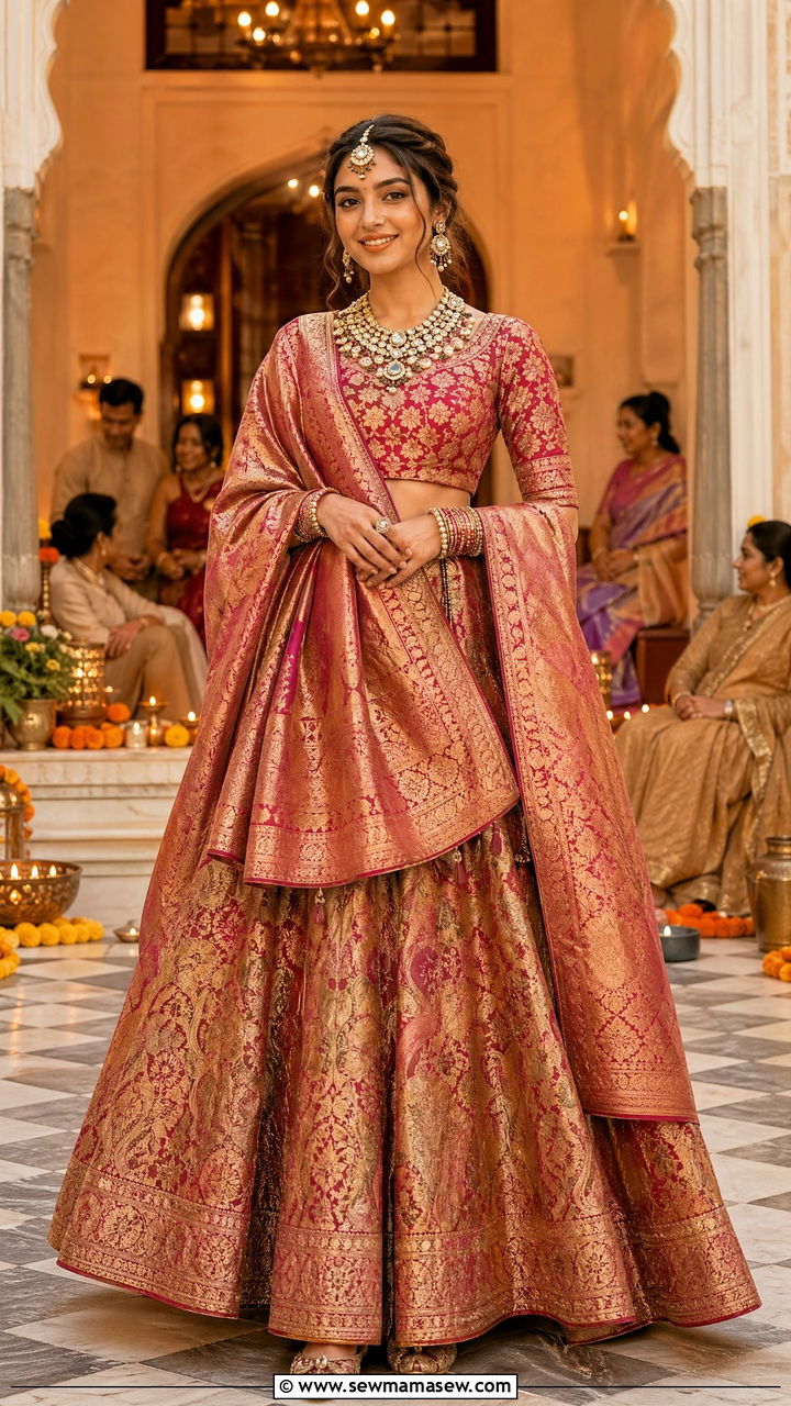 Brocade lehenga with polki jewelry and juttis - 35 Diwali party outfit ideas