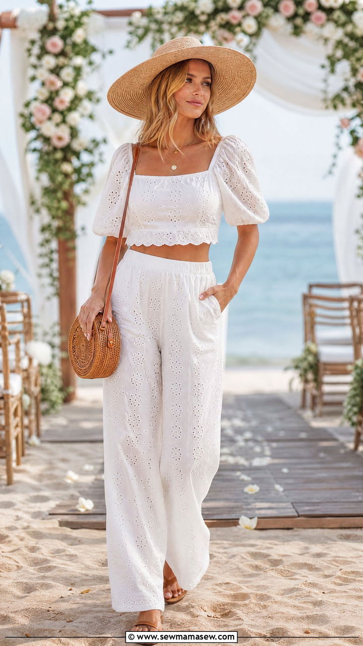 Broderie Anglaise Crop Top And Wide Leg Trousers - 30 Coord set outfit ideas for beach