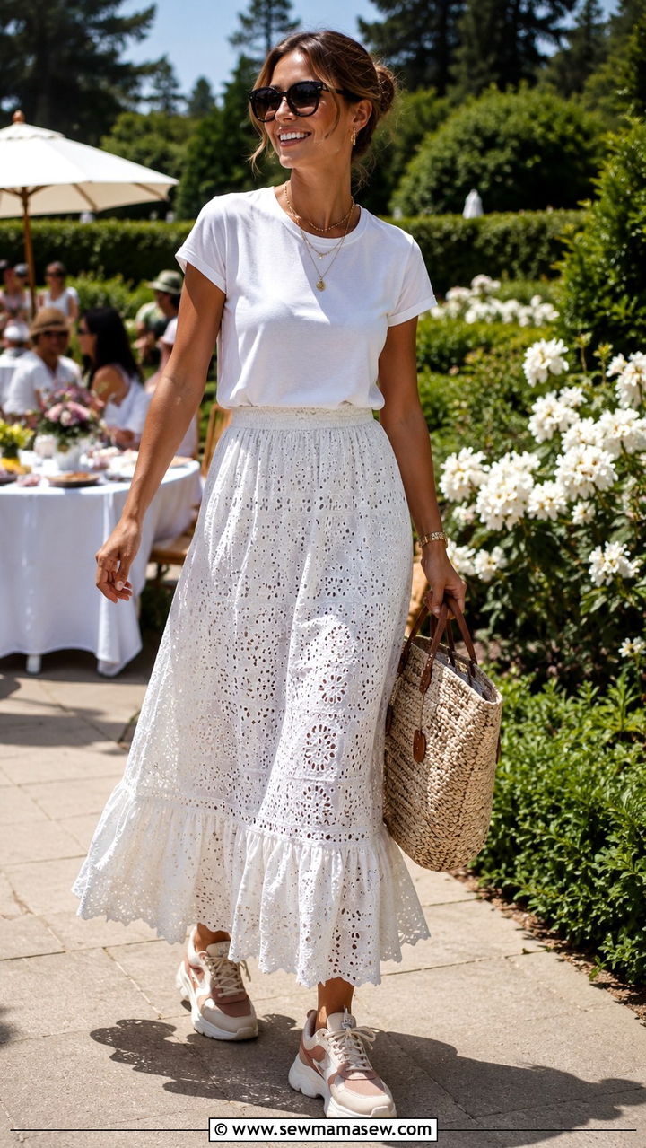 Broderie Anglaise Maxi Skirt With White Tee and Chunky Sneakers - 30 Maxi skirt outfit ideas with sneakers