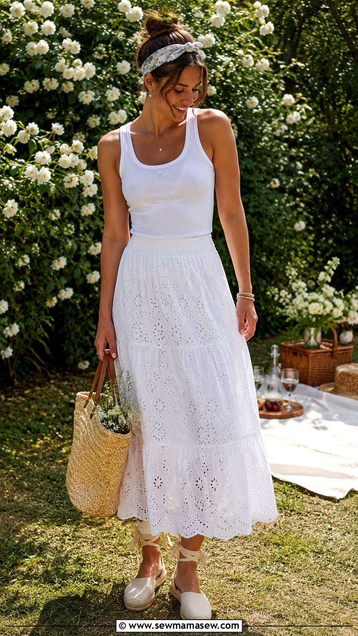 Broderie Anglaise Midi Skirt With Tank - 25 Boho outfit ideas with midi skirt