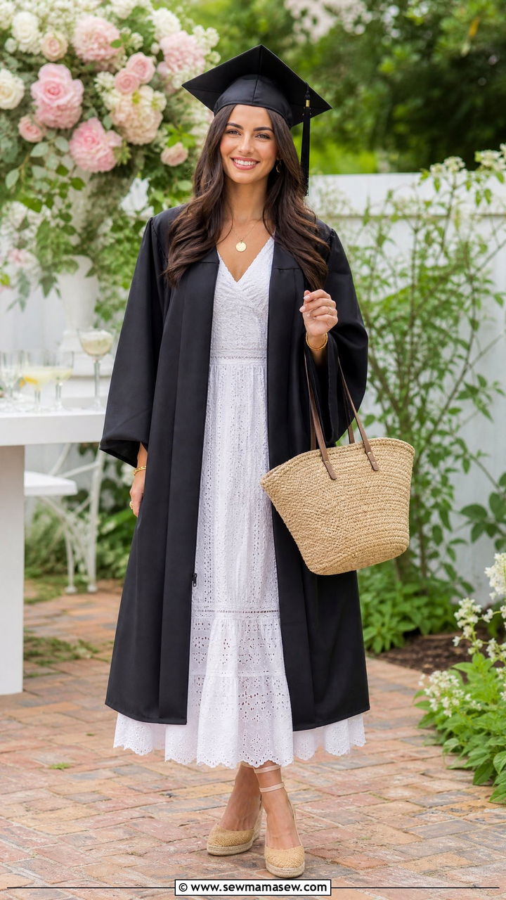 Broderie Anglaise White Dress with Espadrilles - 30 Graduation cap and gown outfit ideas