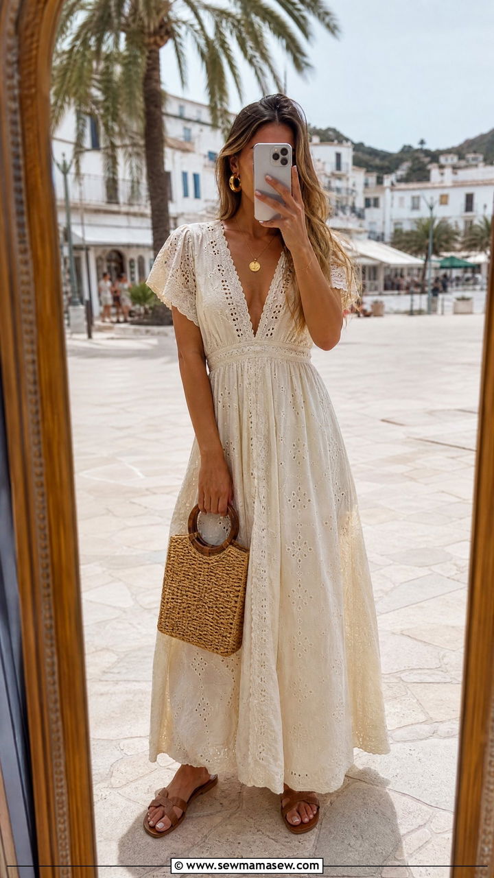 Broderie Maxi Dress With Gold Jewelry - 30 Maxi dress for beach outfit ideas