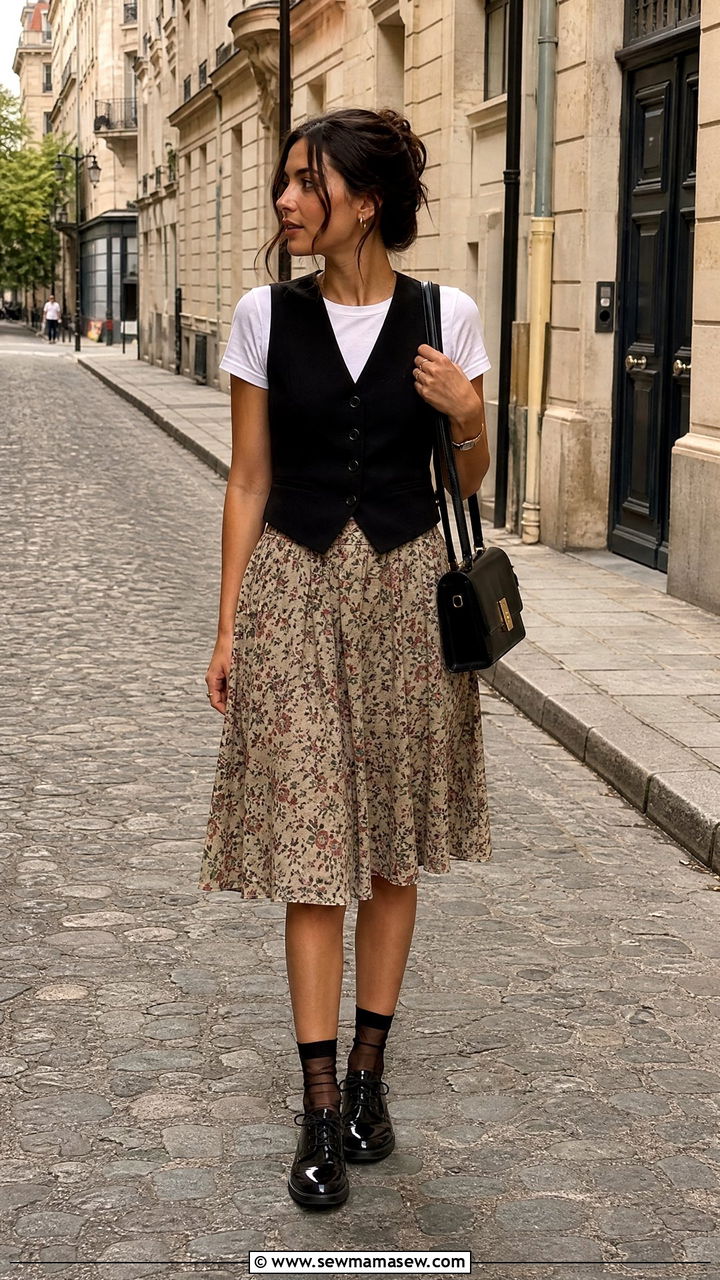 Brogues and floral skirt with waistcoat dark academia outfit - 30 Dark academia summer outfits