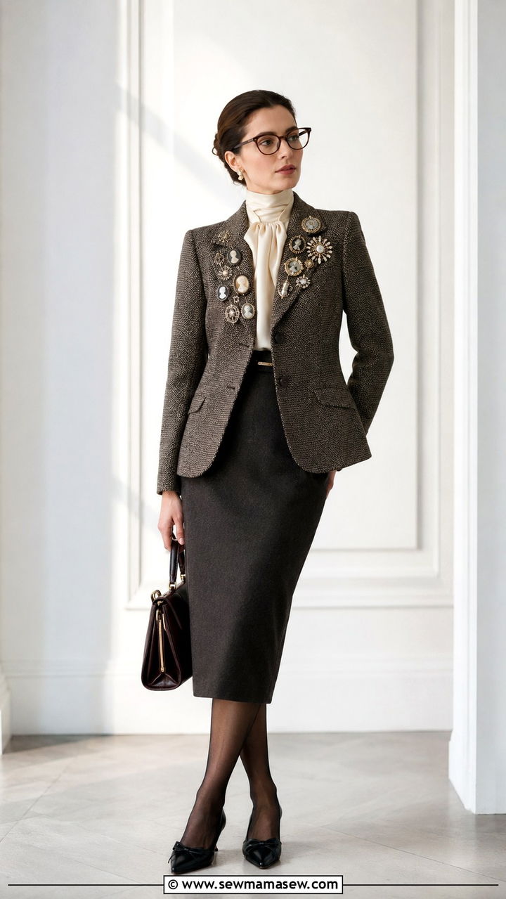 Brooch Adorned Blazer and Pencil Skirt Outfit - 20 Poetcore outfit ideas 2026