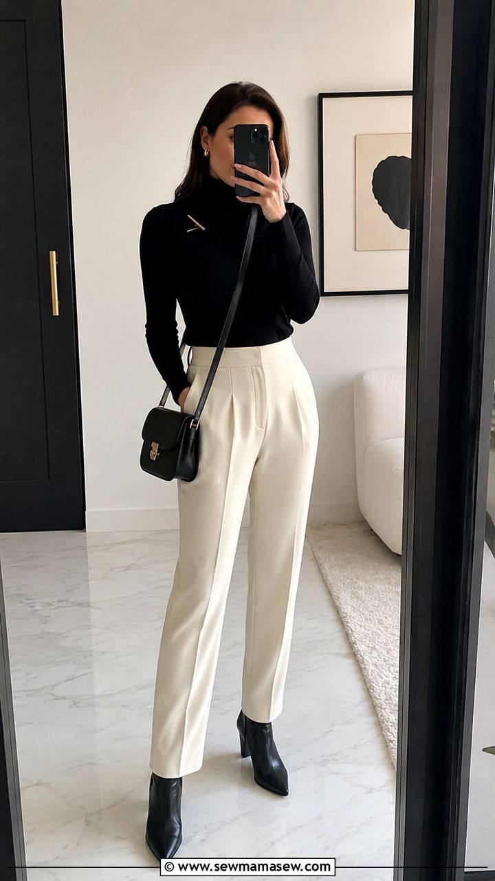 Brooch On Black Turtleneck With Tailored Trousers - 20 Brooch outfit ideas 2026
