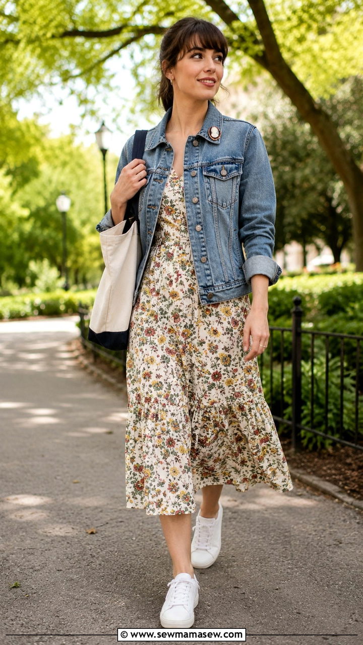 Brooch On Denim Jacket With Midi Dress - 20 Brooch outfit ideas 2026