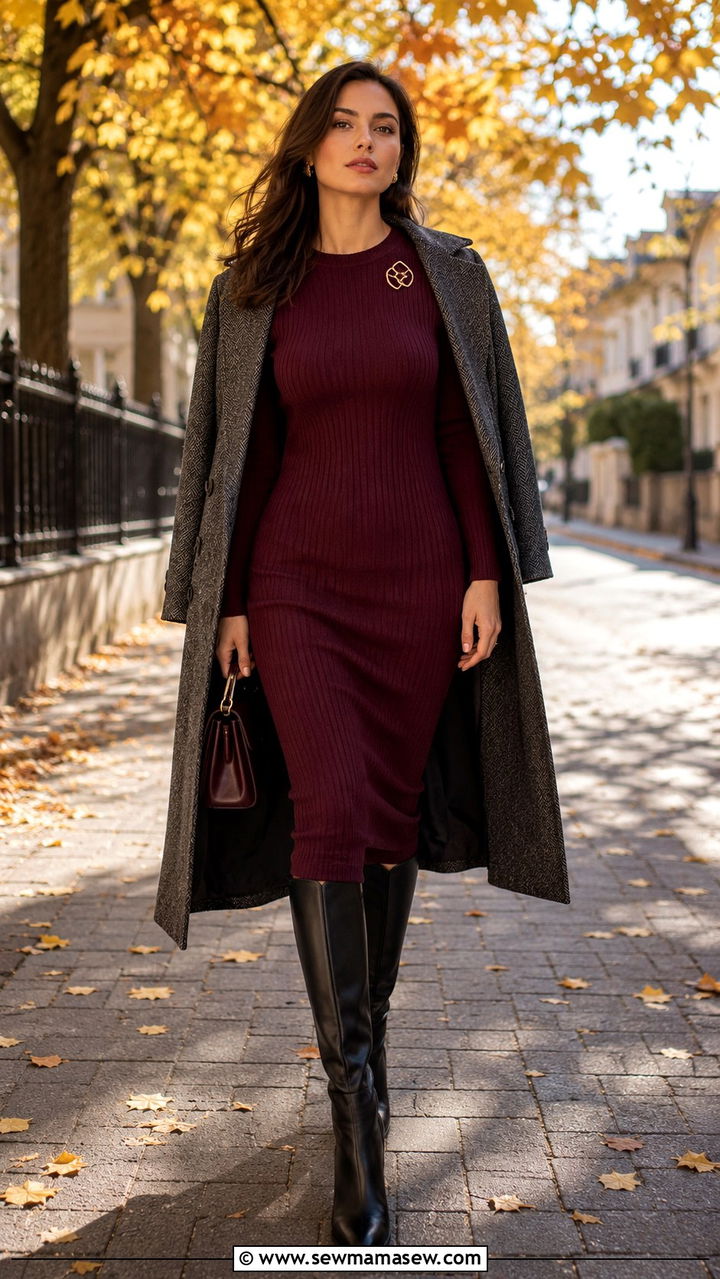 Brooch On Knit Dress With Knee High Boots - 20 Brooch outfit ideas 2026