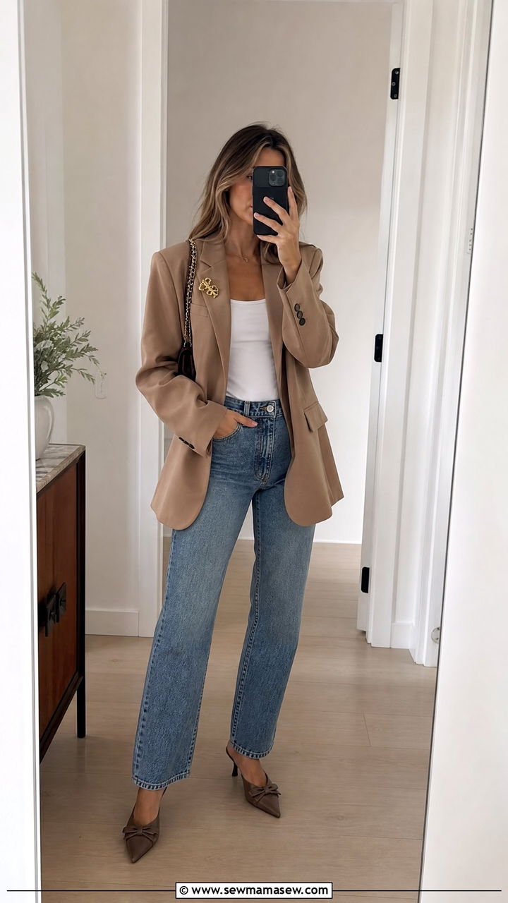 Brooch Styled Blazer and Jeans Look - 30 Fashion trends 2026 outfits