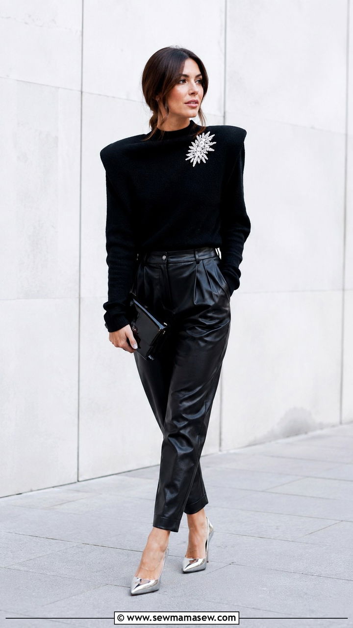Brooch adorned shoulder pad top with leather trousers - 25 Pinterest outfits 2026