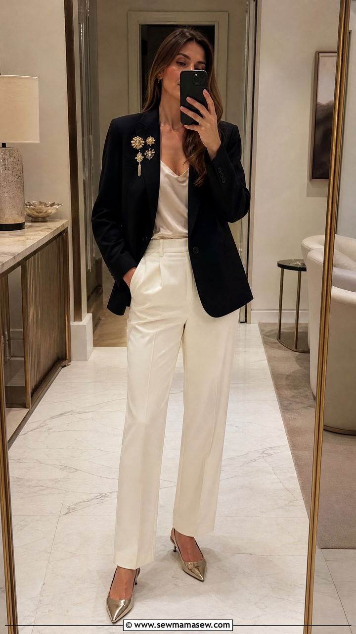 Brooch cluster on a structured lapel blazer - 25 Pinterest outfits 2026